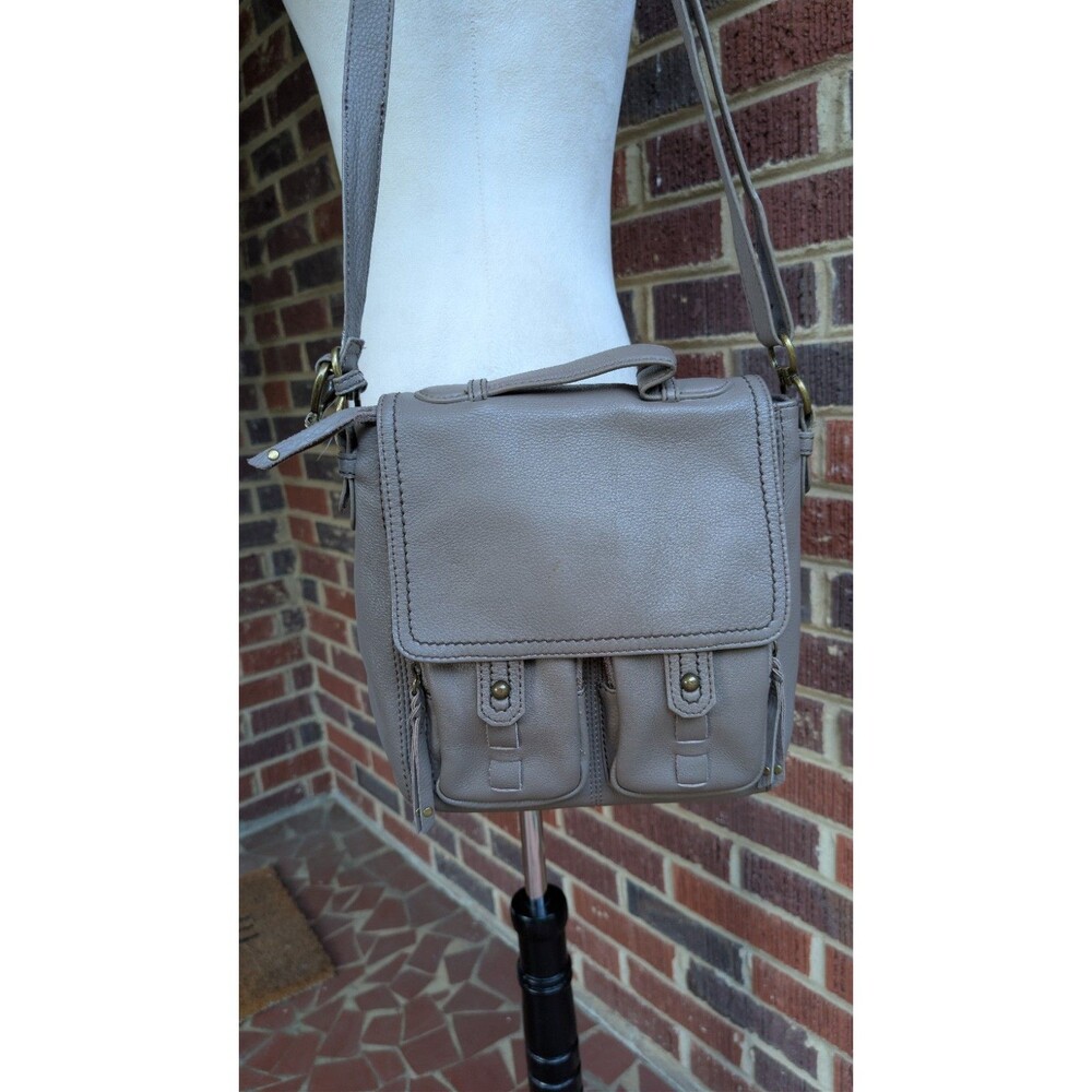 The Sak Taupe Leather Crossbody Handbag w/ Front Pockets